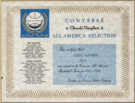 1967-68 Converse Chuck Taylor All-America Selection Award Certificate Presented To Lewis Alcindor/Kareem Abdul-Jabbar (Abdul-Jabbar LOA)